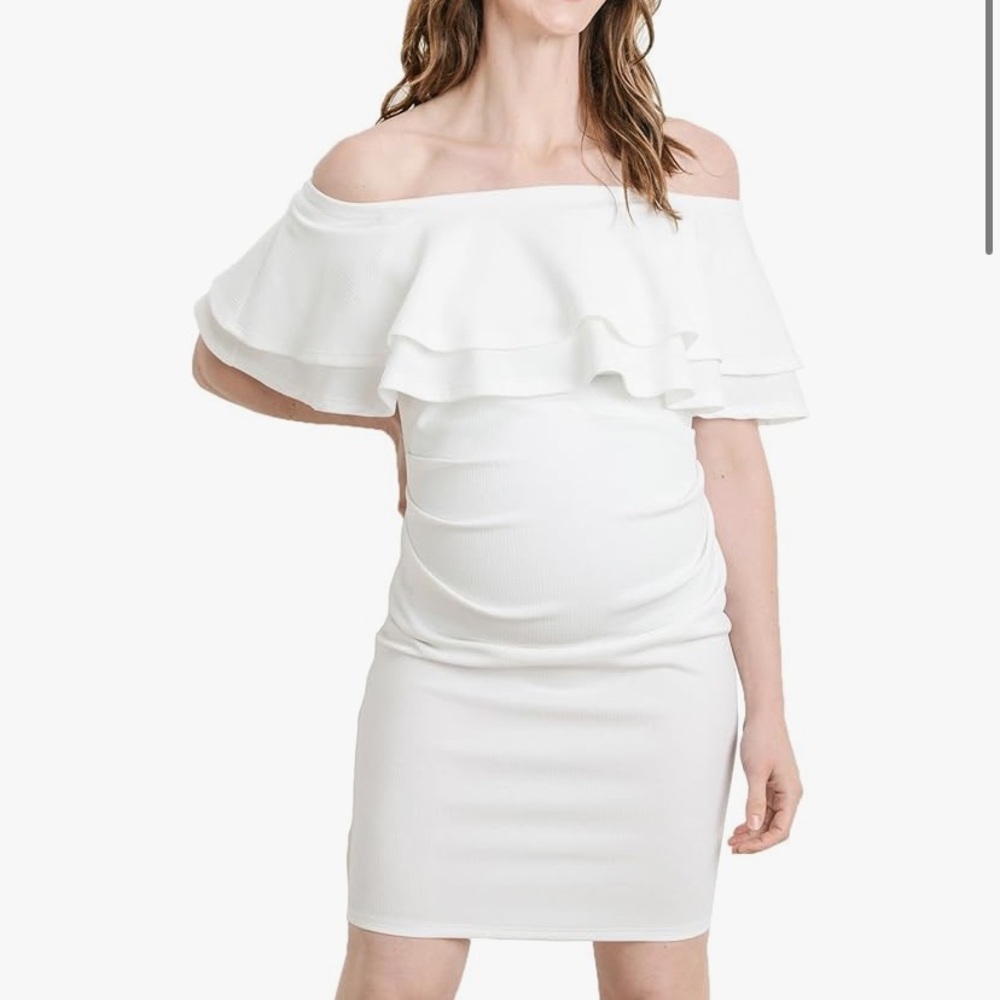 Maternity Off the Shoulder Ruffled White Dress
